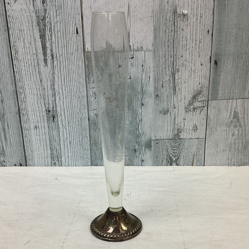 Vintage Duchin Sterling Silver Single Floral Etched Glass Bud Flower Vase